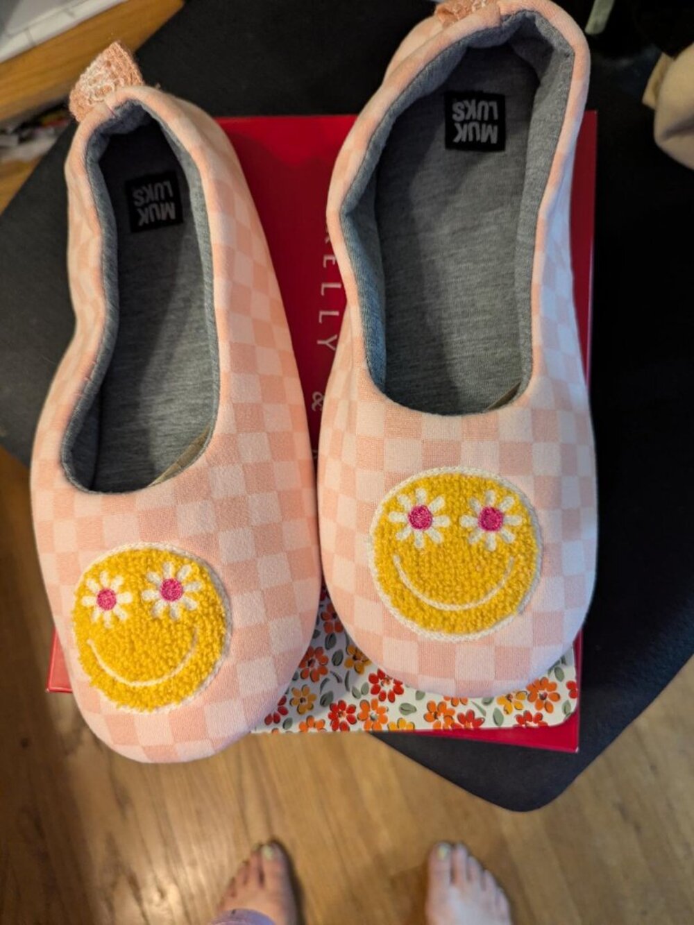 Muk Luks Pink Checkered Smiley Face Slip-On Women's Shoes